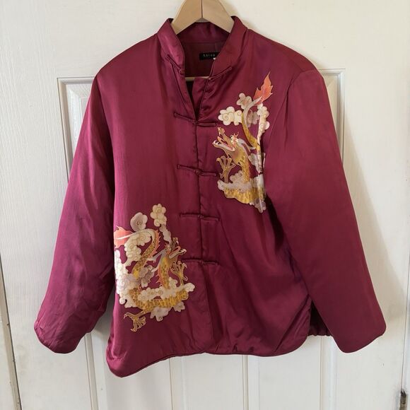 Womens Satin Chinese Jacket Dragon Design 100% Silk Size Large Red Artsy City - Picture 2 of 12